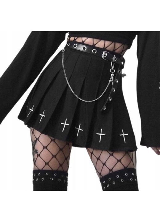 Готическа плисирана пола, Черна, Памук/Полиестер, Висока талия, Черен