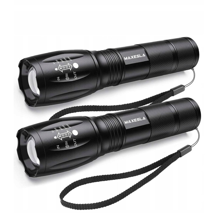 LED фенер Maxesla, 2000 lm, 5 режима, водоустойчив, черен, комплект 2 броя, 12,4x3,5x2,8 см