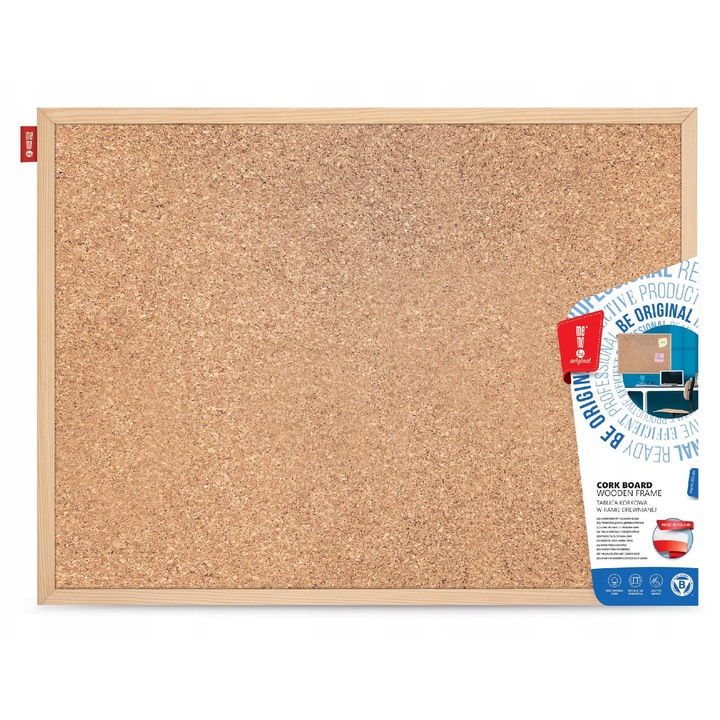Дъска от корк 100x60 см, дървена рамка, MemoBe, за вътрешна употреба, комплект с аксесоари за монтаж