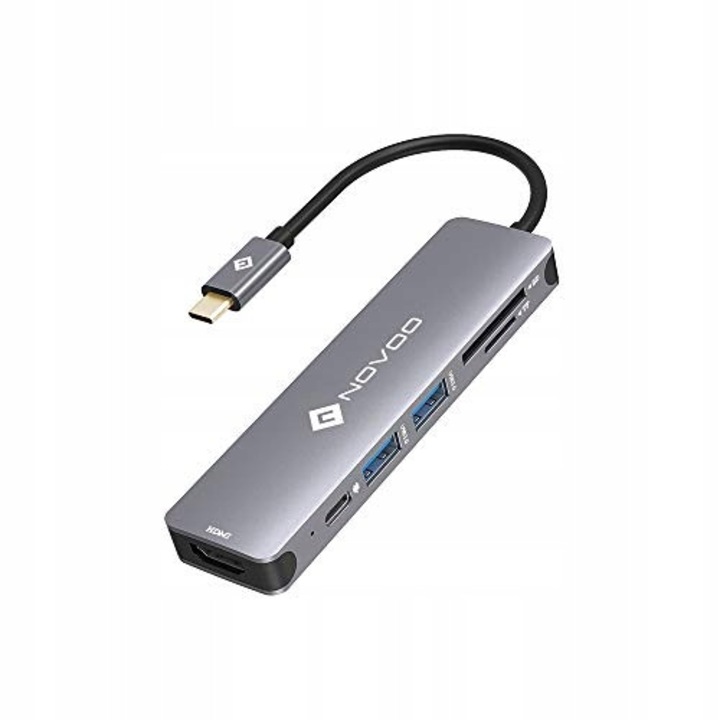 Хъб USB C Novoo 6 в 1, 2x USB 3.2, HDMI 4K@60Hz, зареждане 100W, съвместим с MacBook Pro, Air, iPad Pro