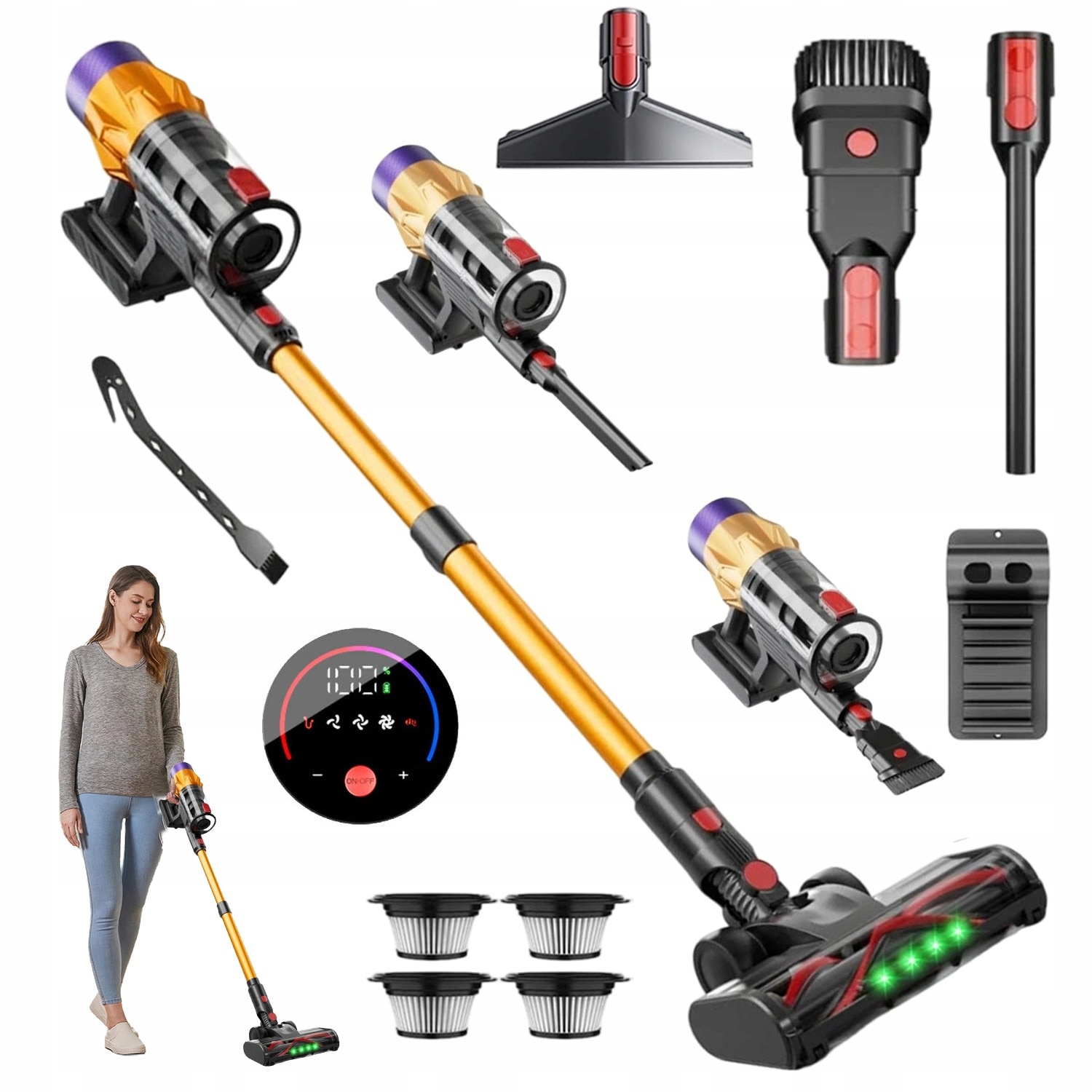 Aspirator vertical fara fir 550W, 35 kPa, LED, cu perie electrica, 110x26,5x24cm, set complet