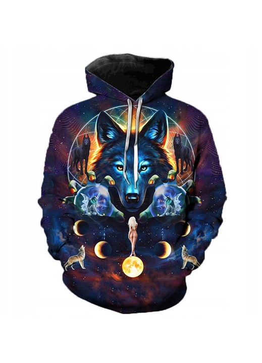 Férfi kapucnis pulóver, kozmikus farkas motívummal, eredeti design, többszínű, poliészter