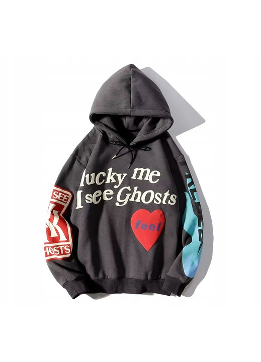 Férfi kapucnis pulóver, Lucky Me I See Ghosts, szürke, poliészter anyag, egyedi minta