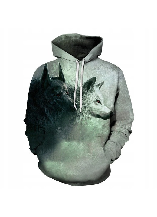 Férfi kapucnis pulóver, Két Farkas, látványos, sokszínű nyomat, poliészter