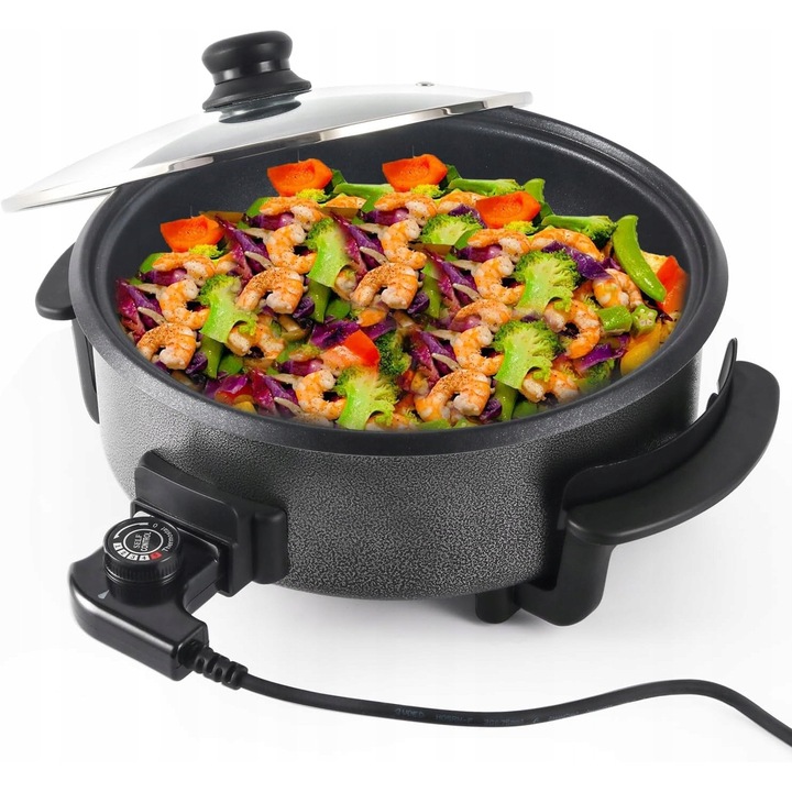 Електрически мултифункционален тиган 1500 W, 32x7 см, с капак, незалепващ, комплект