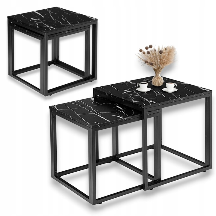 Комплект 2 Маси за Кафе, Черен Мрамор, Размери 50x50см и 45x45см