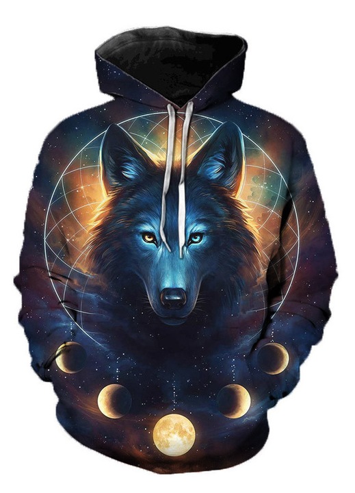 Férfi kapucnis pulóver farkasmotívummal és holdfázisokkal, állítható kapucni, kenguruzseb, többszínű, poliészter