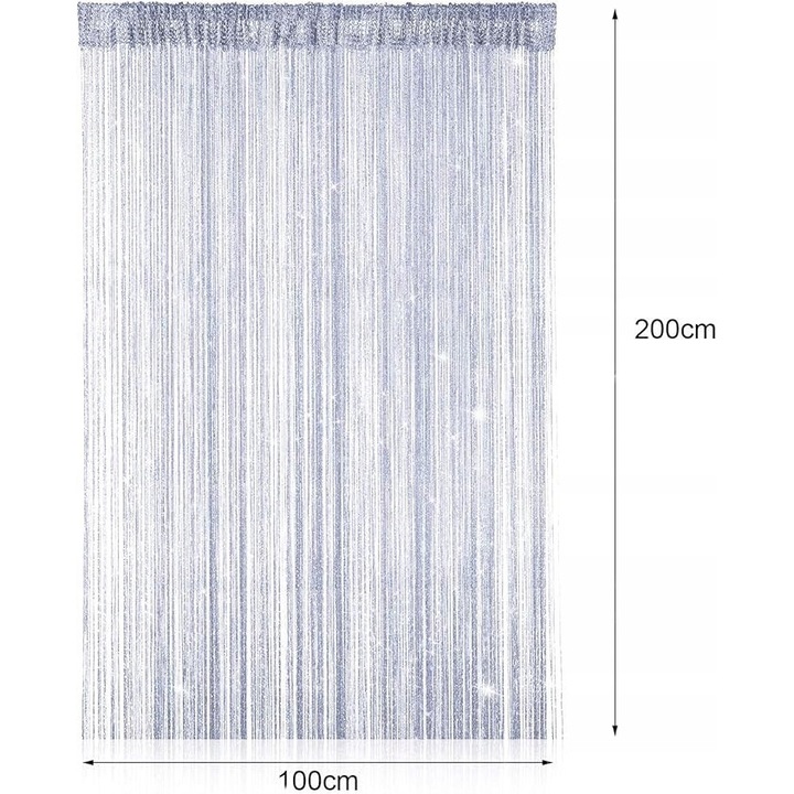 Завеса от памучна връв, 100x200см, сребриста блестяща, комплект от 2 броя