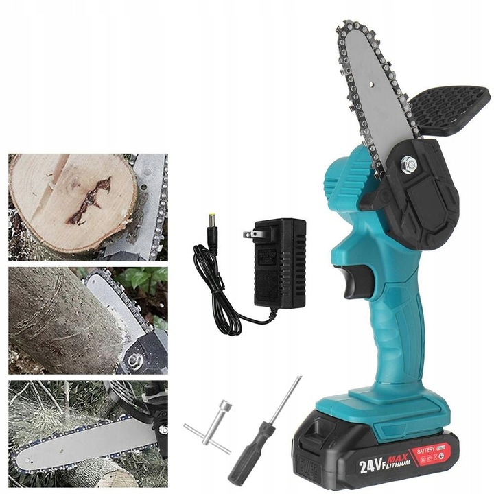 Mini elektromos láncfűrész, 4 hüvelykes, 24V, 800W, kék, komplett készlet