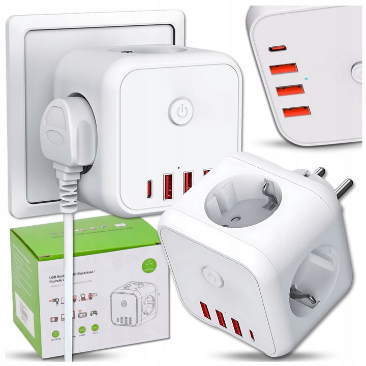 Prelungitor 7 in 1 cu 3 guri EU si 4 porturi USB, protectie impotriva supratensiunii, 250V, 4000W, 7.6x6.2x7.6cm