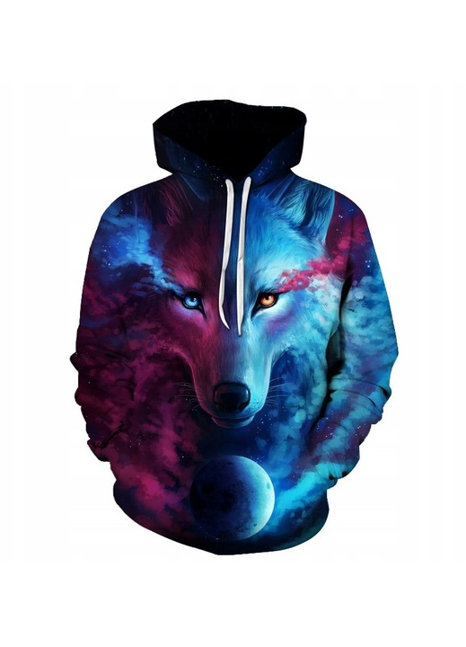 Férfi kapucnis pulóver, farkasmintás, többszínű, poliészter, kapucnival és kenguru zsebbel