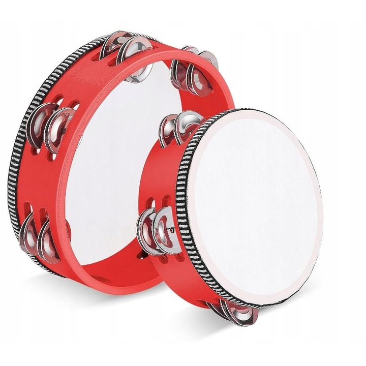 Tamburin szett 2 darab, 20 cm + 15 cm, tiszta hangzás, piros/fehér, fa