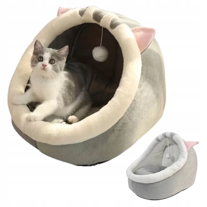 Къщичка за котки, Miekka Budka, сива с уши, 35x37x40 см, с топка за игра