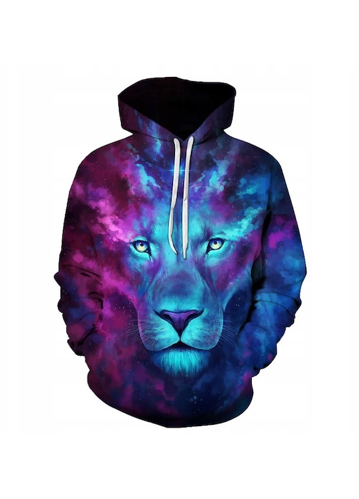 Férfi kapucnis pulóver, 3D oroszlán mintás, többszínű