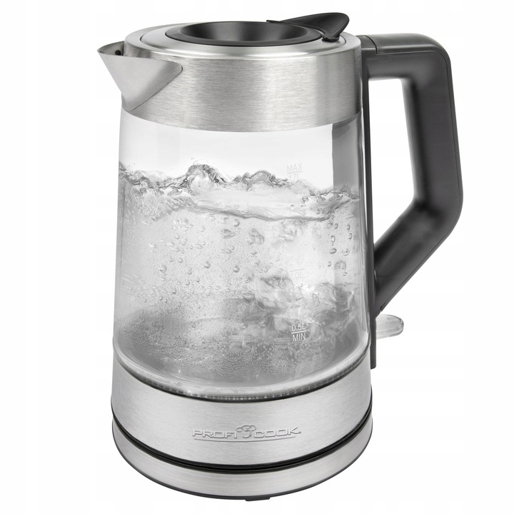 Fierbator electric din sticla ProfiCook PC-WKS 1190 G, 1.7L, 2200W, argintiu, fara BPA, iluminare LED multicolor
