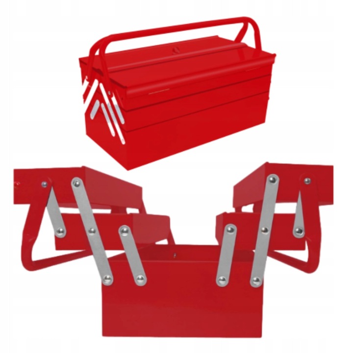 Fém szerszámosláda, 3 szintes, 5 rekeszes, piros, 42x21x20cm