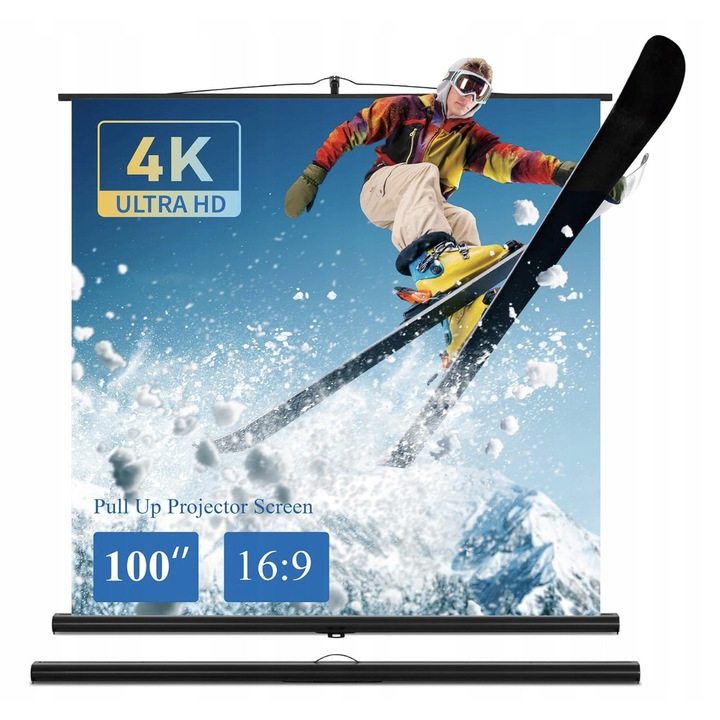 Vetítővászon állvánnyal, 100", 16:9, magasság 123,7cm, szélesség 220cm, mobil, könnyen összeszerelhető