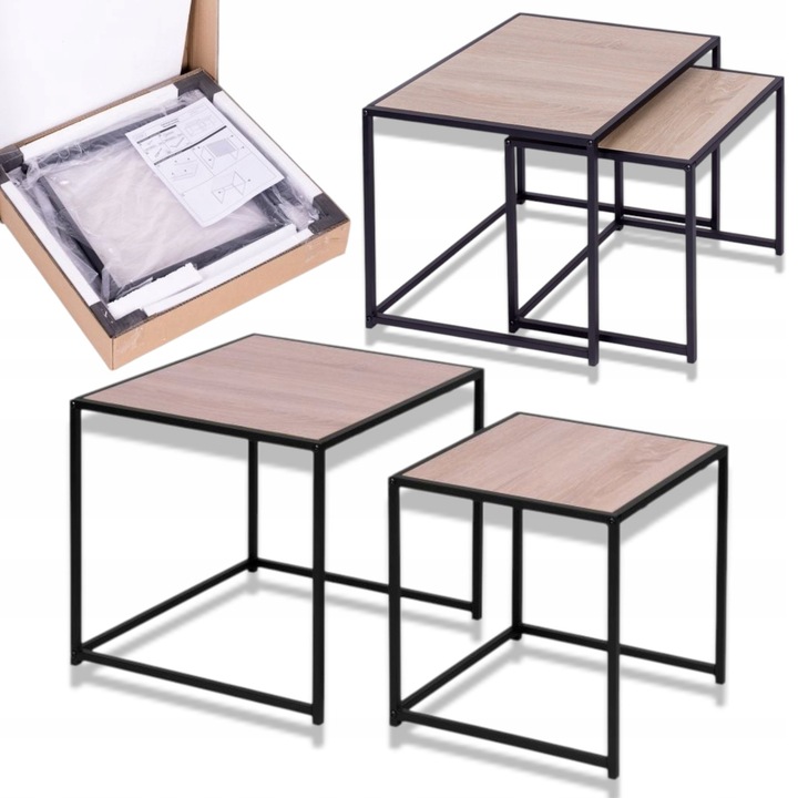 Комплект от 2 масички за таванско помещение, метал и шперплат, 50x50x50cm, 40x40x40,5cm, светло дърво