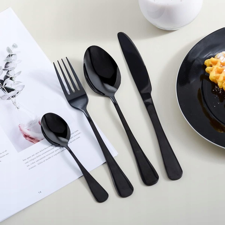 30 darabos evőeszközkészlet, fekete, rozsdamentes acél, klasszikus design