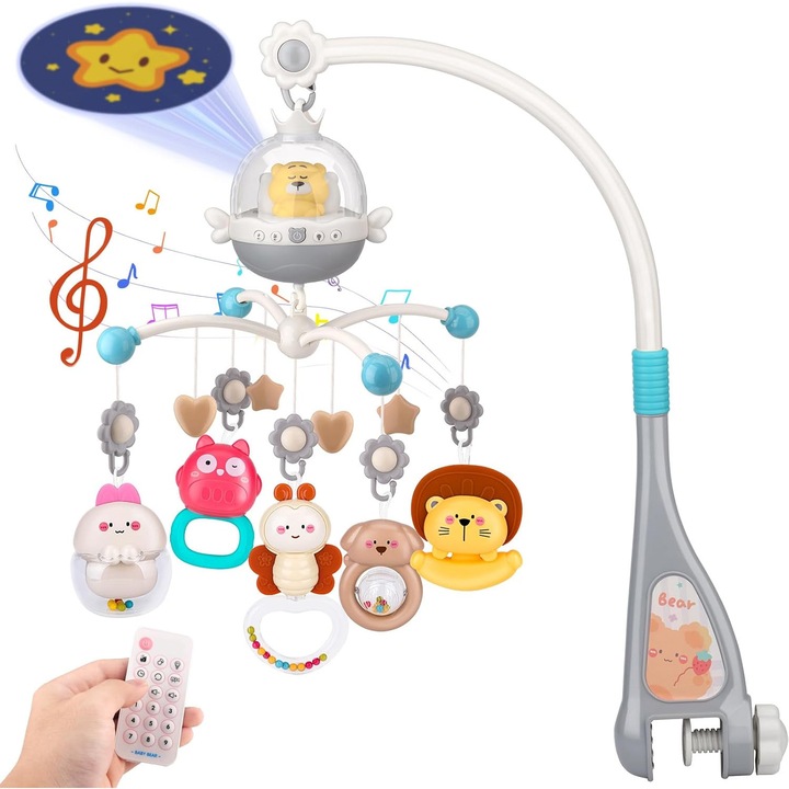 Carusel Muzical pentru Patut Mavio®, Model Little Bear, Proiector Lumini pentru Bebelusi, Sunete Albe & Cantece de Leagan, Telecomanda, Temporizator 20/40/60 min, 0+ luni, ABS Non-Toxic, Albastru