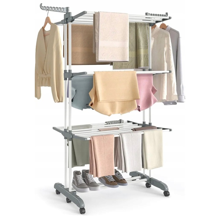 Songmics mobil függőleges szárító, 4 szintes, nagy kapacitású, 63,5x125,5x173 cm, fehér és szürke