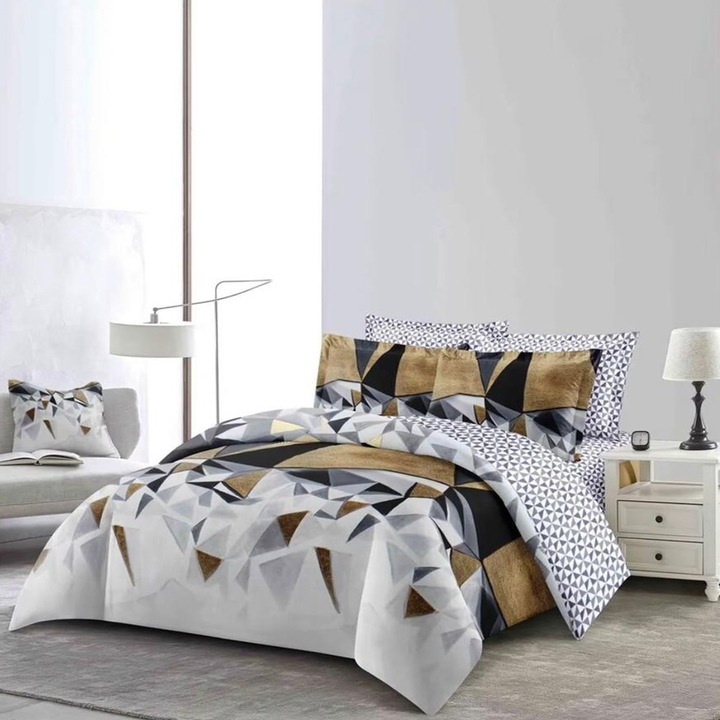 Lenjerie de pat matrimonială 4 piese, FIVE STORE, bumbac mercerizat, multicolor, husa elastică pat, față pernă pătrată