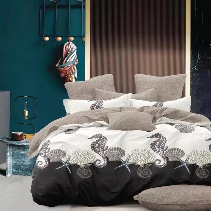 Lenjerie de pat matrimonial cu husa de perna dreptunghiulara, Ortit, bumbac mercerizat, multicolor, 4 piese