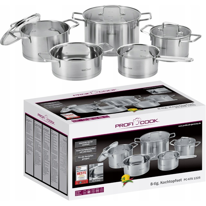 Set oale ProfiCook din otel inoxidabil, 8 piese, 1l-5l, cu 3 capace, rezistent la 250°C, pentru toate tipurile de plite