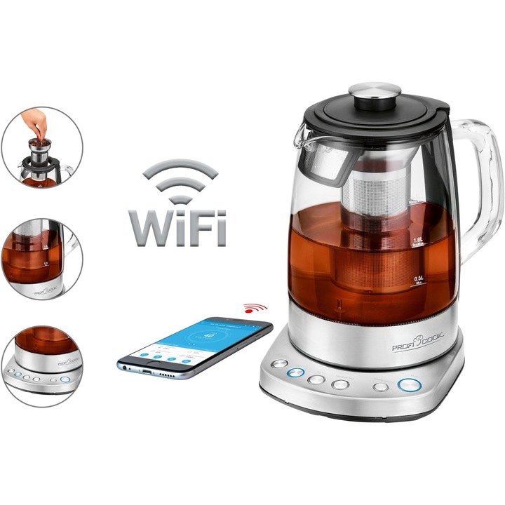 Fierbator electric Profi Cook, model PC-WKS 1167 G, 2 in 1, Wi-Fi, capacitate 1,5L, argintiu/negru, 1850-2200W