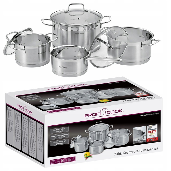 Set oale ProfiCook, 4 oale din inox, capacitate 1l-5l, 3 capace, rezistent la 250°C, pentru toate tipurile de plite