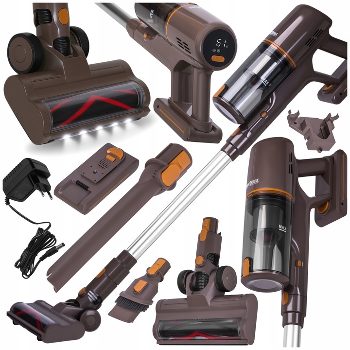 Безжична прахосмукачка, 25,2V, кафяв цвят, с подвижна ръчна прахосмукачка