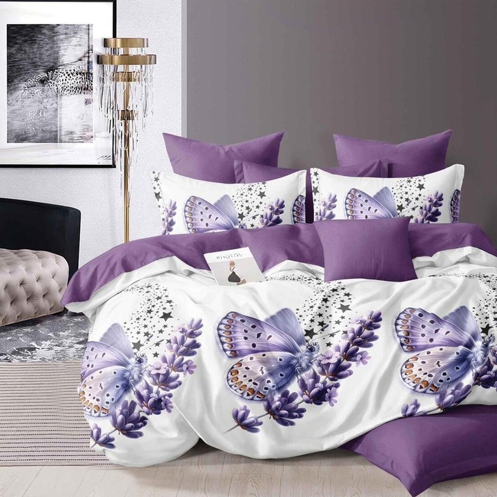 Lenjerie de pat matrimonial Super cu husa de perna patrata, Privas, bumbac mercerizat, multicolor, 4 piese