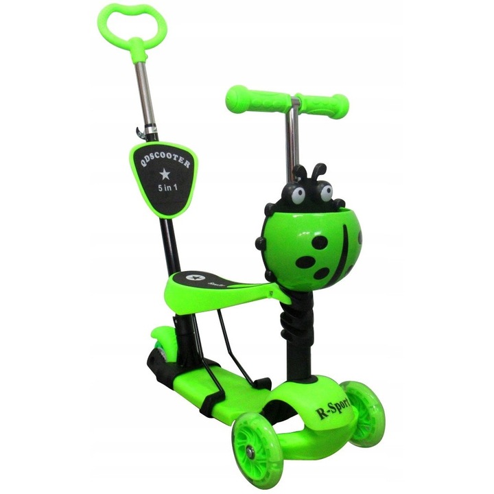 5 az 1-ben roller, R-Sport, LED kerekekkel, zöld színű, 2-7 éves gyerekeknek