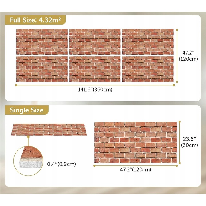 Set 6 panouri Acustice Autoadezive Tonor, 120x60x0,9cm, Design 3D Caramida, Negru