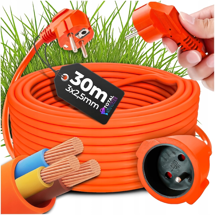 Удължител за градина Totalstore 30м 3x2,5мм IP44, оранжев цвят, 1 контакт