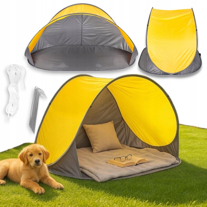 Önfelhúzós strandsátor, 213x121x100cm, 190T poliészter, komplett készlet cövekekkel és kötéllel