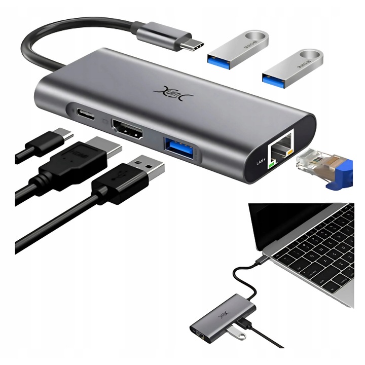 Хъб 6 в 1, HDMI 4K@30Hz, 3xUSB, Ethernet RJ45, USB-C, алуминий