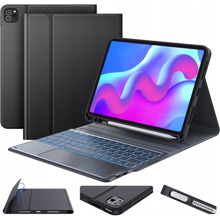 Earto tablet tok billentyűzettel és érintőpaddal iPad Air 11" és Pro 11" készülékekhez, QWERTZ, fekete, 360°-os védelem