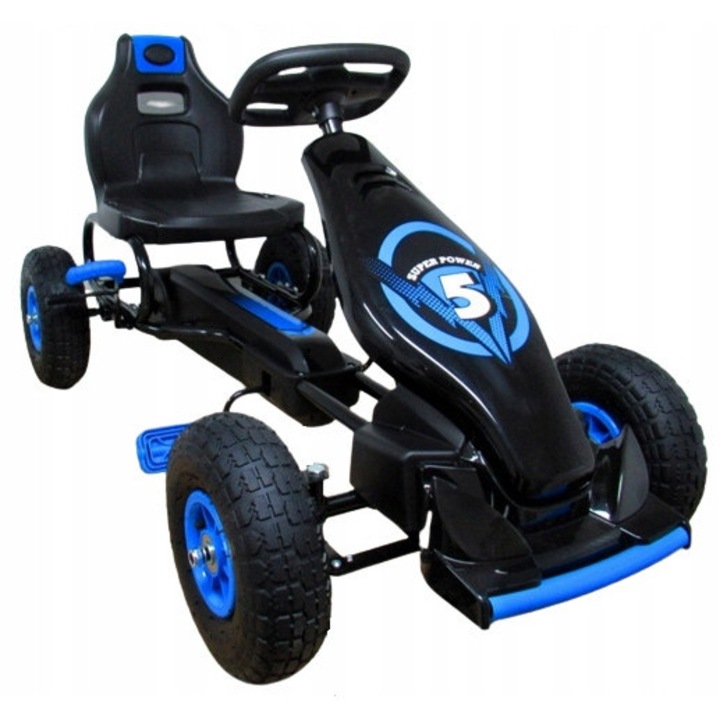 Детски картинг, G8, черен с тъмносини елементи, помпащи гуми, ръчна спирачка, размери 116x57.5x62cm