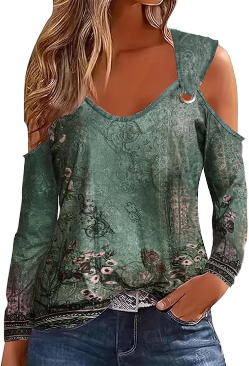 Bluza dama tip off-shoulder cu decolteu in V – material elastic, croiala lejera tip tunica, ideala pentru tinute casual, office si de seara, Verde cu Flori, Marimea L