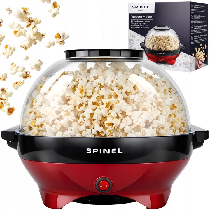 Машина за пуканки Spinel Cook, 800W, 5,5л, безмаслена, червена, комплект с мерителни лъжици и купа