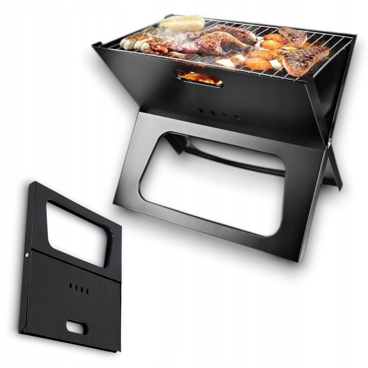 Сгъваем преносим грил, 44x27,5x38 см, с горна скара за храна и долна скара за въглища, черен, комплект