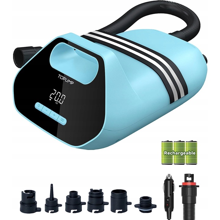 Topump TPS300 felfújható pumpa, 7800 mAh, 20 PSI, 350 l/perc, 2 fokozat, autós tápellátás