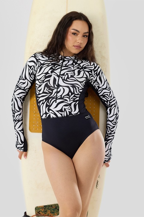 Fundango, Costum de baie intreg cu maneci lungi Dolphin, Alb/Negru