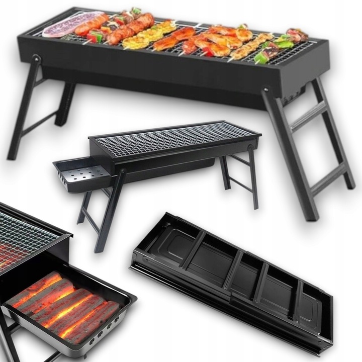 Сгъваем преносим грил, 60 см, от неръждаема стомана, черен, за въглища/брикети