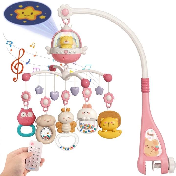 Carusel Muzical pentru Patut Mavio®, Model Little Bear, Proiector Lumini pentru Bebelusi, Sunete Albe & Cantece de Leagan, Telecomanda, Temporizator 20/40/60 min, 0+ luni, ABS Non-Toxic, Roz