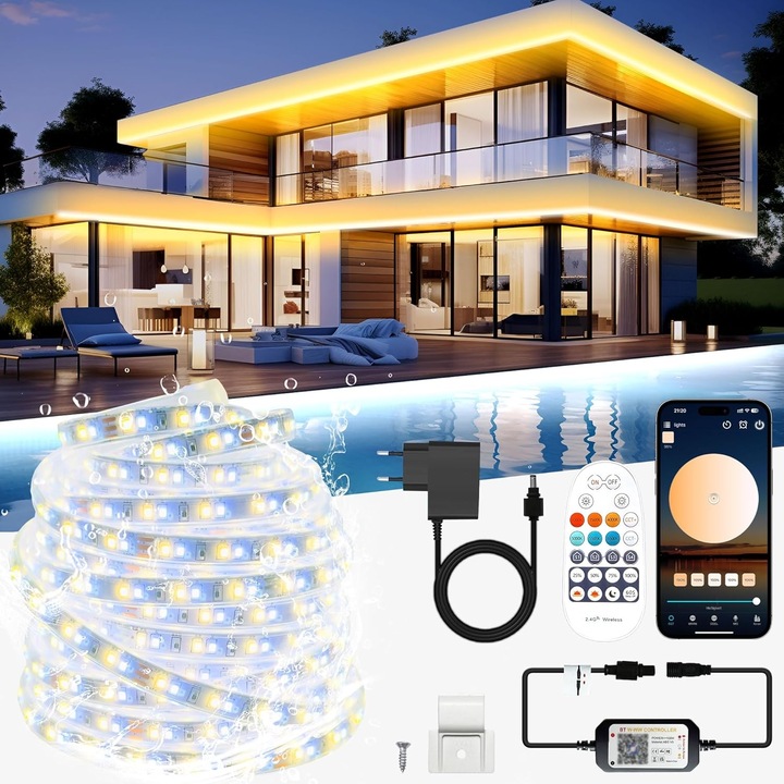 Banda LED de 20 m, exterior, alb cald pana la alb rece, reglabila, IP67, rezistenta la apa, cu aplicatie si telecomanda, lumina cu LED autoadeziv 24 V pentru bucatarie, piscina