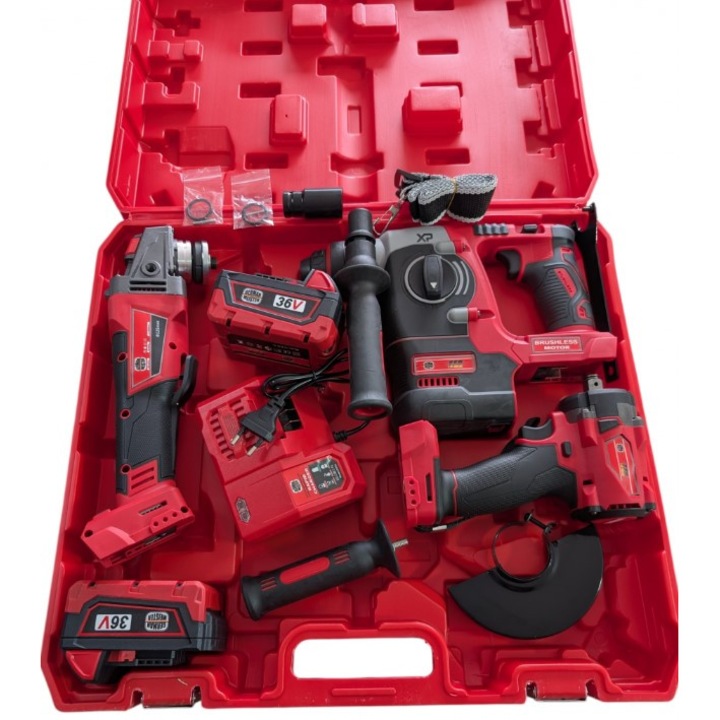 Trusa scule electrice 3 in 1 36V 8Ah – Polizor unghiular (Flex), Ciocan rotopercutor, Masina de insurubat cu impact, 2 acumulatori, incarcator, valiza transport