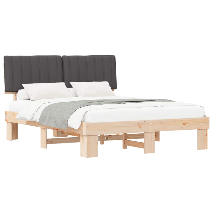 Cadru de pat vidaXL, lemn masiv de pin, spătar tapitat, gri închis, 150x200cm