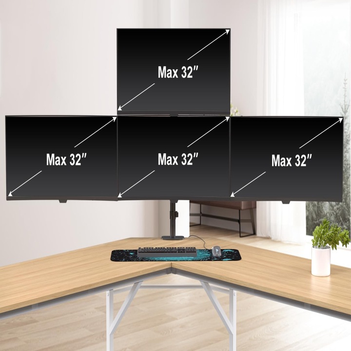 Suport 4 Monitoare Premium pentru Birou 32" inch Pholiten®, Arc pe Gaz, pentru Productivitate, Multitasking, Munca, Gaming, Organizator Cabluri, Instalare Usoara, Ergonomic, VESA 75x75 / 100x100, Pana la 10 kg per brat, Prindere cu Clema/Surub, Negru